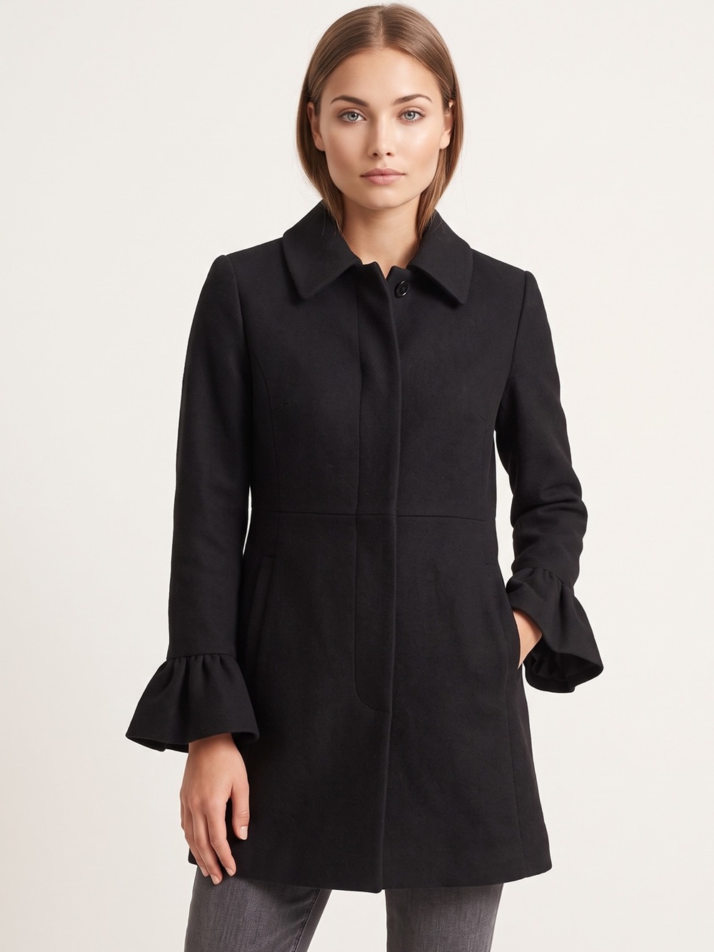 🌻 EUC Zara Basics Black Mid-Length Coat Ruffle Flare Sleeves Size Small